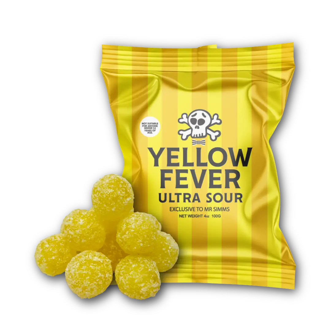 Mr. Simms Yellow Fever Ultra Sours Candies - Bicarbonate of Soda-Infused Pineapple Sour Punch Sweet Snack for Youth, Candy, Glucose Syrup, Candy Snack, Extreme Sour Sweet