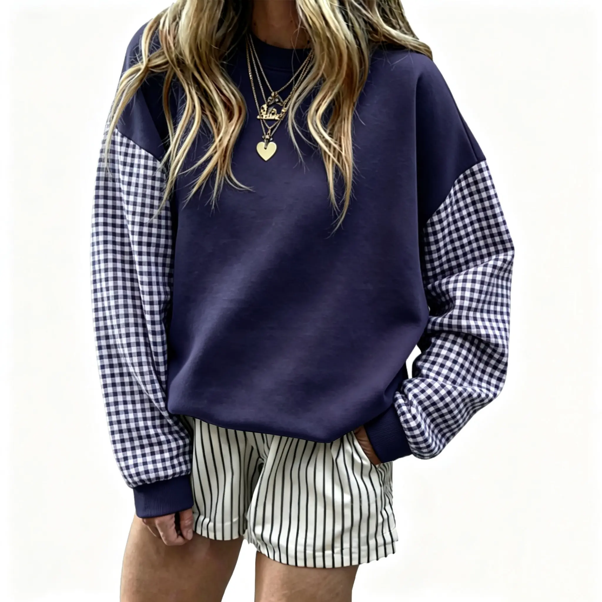 Women Oversized Sweatshirt Crewneck Plaid Long Sleeve Color Block Pullover Tops