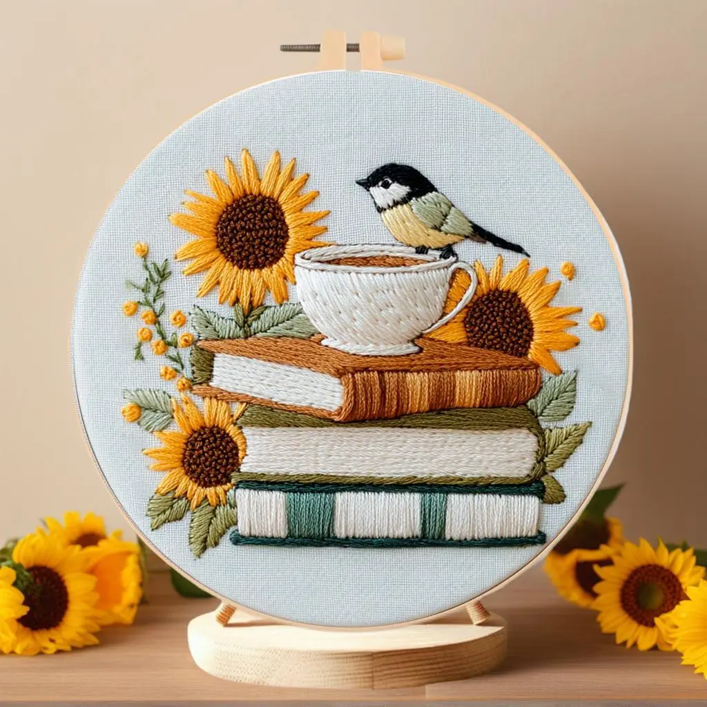 Bird & Sunflower Pattern Cross Stitch Kit, 1 Set DIY Cross Stitch Kit with Accessories & English Teaching Paper, DIY Embroidery Kit for Beginners, Embroidery Craft, Handicraft, Cross Stitch Supplies