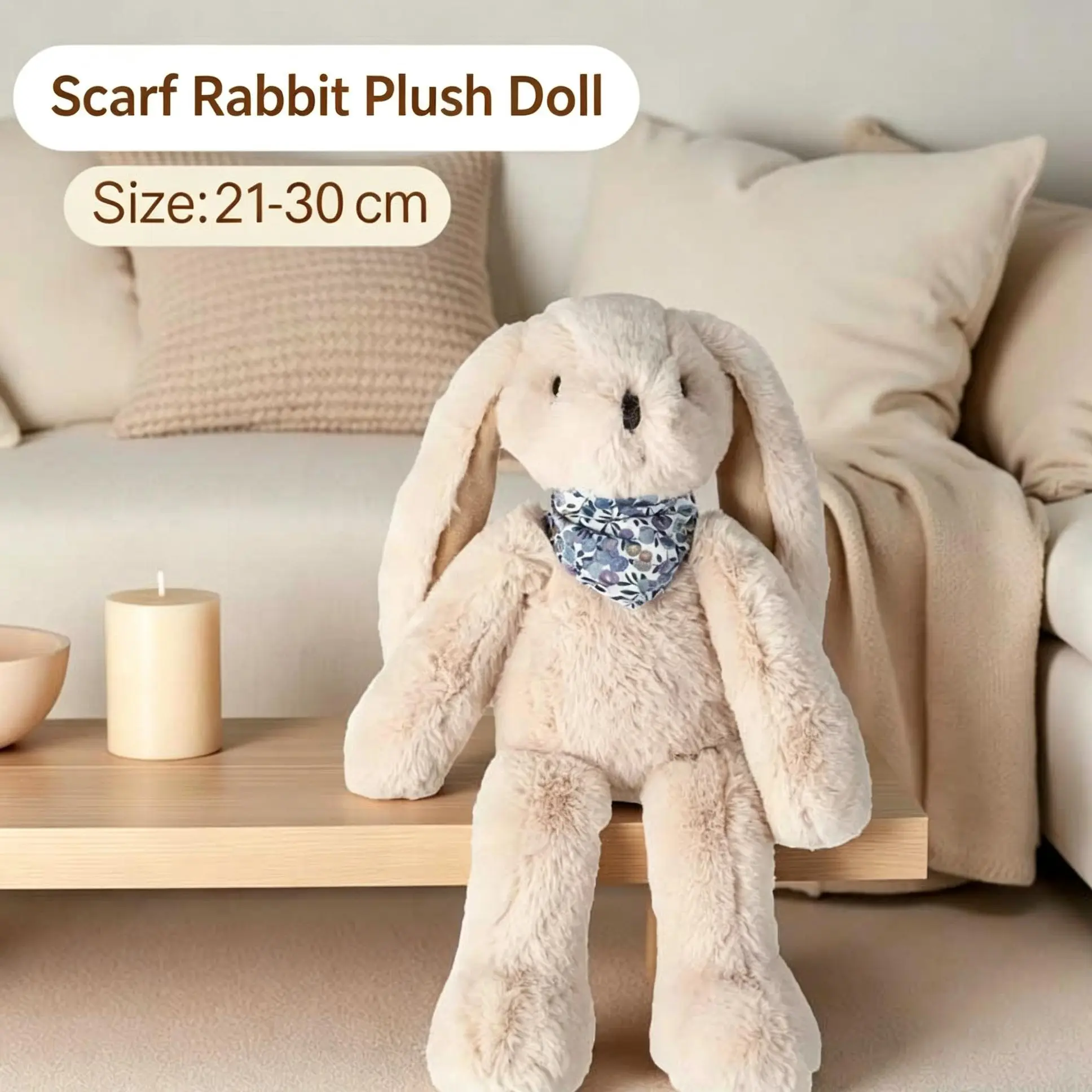 MINISO Cute Floppy Ear Rabbit Scarf Stuffed Toy - Unisex Soft Decorative Plush Doll, Bedroom Decor & Holiday Gift for Girls