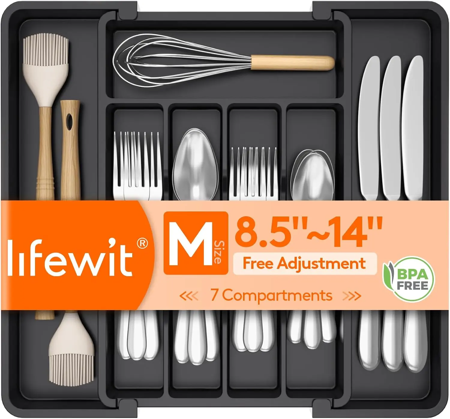 Adjustable Durable Expandable Silverware Organizer, BPA-Free Plastic Utensil Tray for Kitchen Drawer, Apartment & RV Bathroom Flatware Cutlery Holder, Space-Saving Storage, 8.5-14x12x1.5in, Black, 8.5-14 X 12 X 1.5 Inch