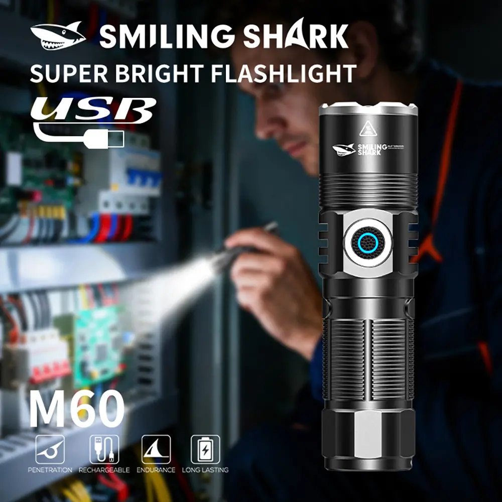 【SD-5446】SmilingShark LED Mini Torch Light - Bright M60, Clip-On, 18350 Lithium Battery (1100mAh), 3 Modes, Type-C USB Rechargeable (1-3h Charge Time), Lightweight, Portable for Outdoor Camping, Hiking