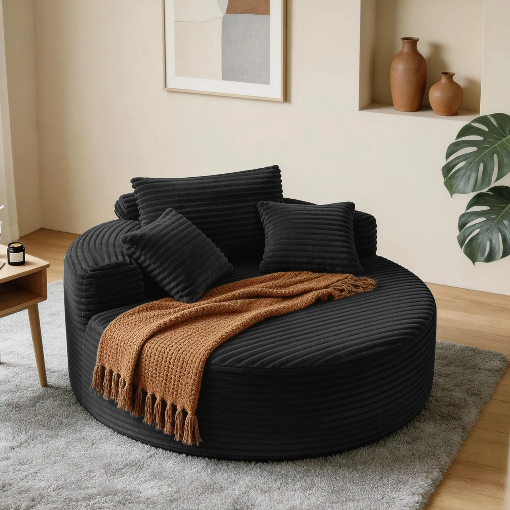 Garvee 55'' Oversized Round Corduroy Cloud Lounge Chair, Deep-Seat Cozy Circle Chair with 3 Pillows, Indoor Furniture for Living Room & Bedroom (Black, Grey, Green)