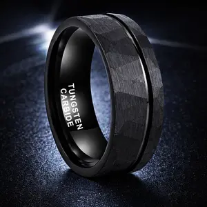 Black Tungsten Carbide Ring 8mm Faceted Hammered Finish Wedding Band for Men Women, Brushed Geometric Groove Design, Matte Comfort Fit, Scratch Resistant Anniversary Promise Ring in Black, Gunmetal and Rose Gold Groove