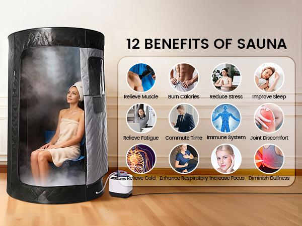 Syvio Portable Sauna Box for Relaxation, Detoxification, Steam Sauna Tent for Home with 3.0L Steamer, Folding Chair, Remote Control, Doormat, 9 Levels, 3.6' x 3.6' x 5.9', Circular