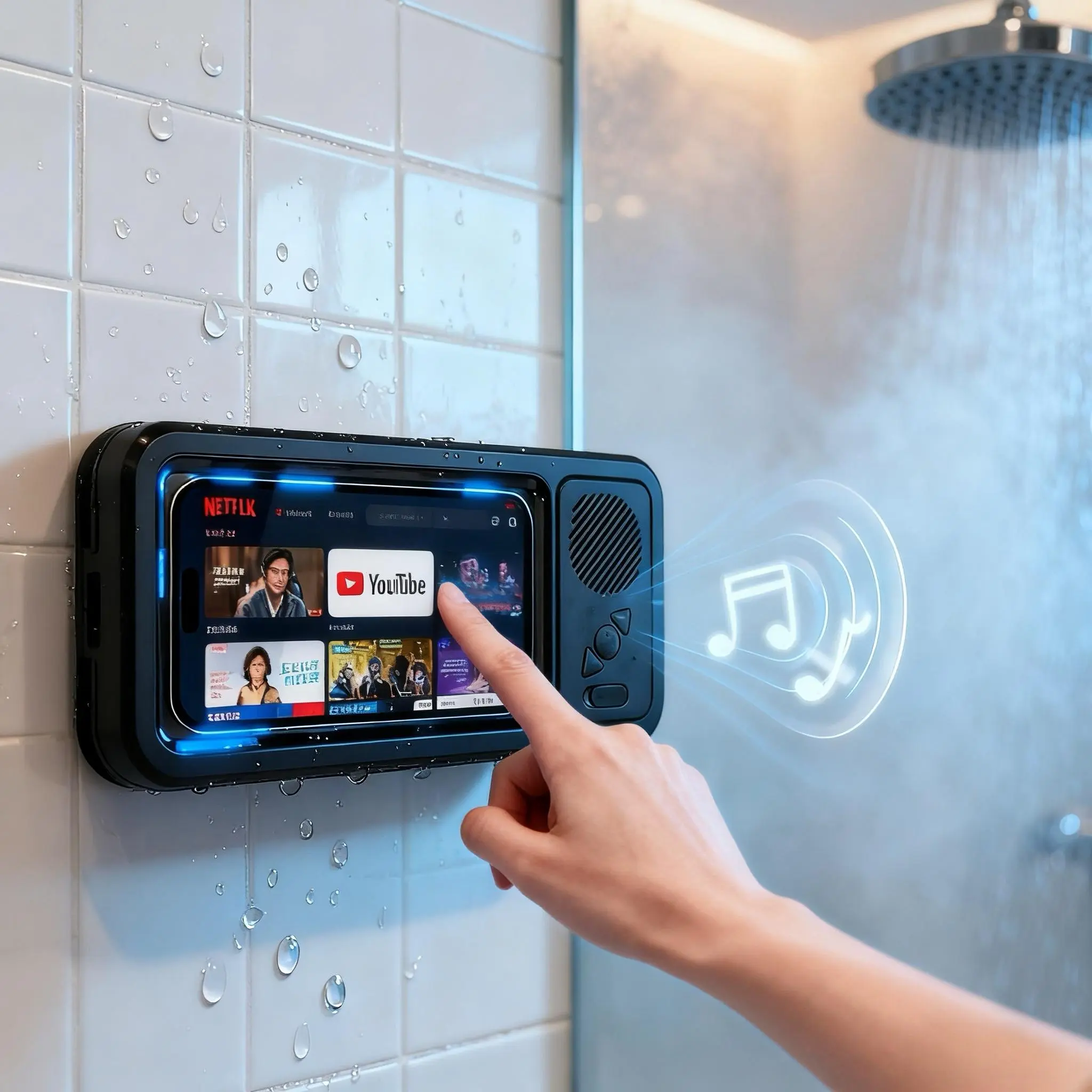 Waterproof box speaker, shower waterproof 360 ° rotating touch screen,IPX5 Waterproof Degree,watch movies, listen to music, Hands-free call，phone holder Bluetooth speaker, Compact Smartphone, phone cases, subwoofers,kitchen, bathroom, sink, SummerVibes fa