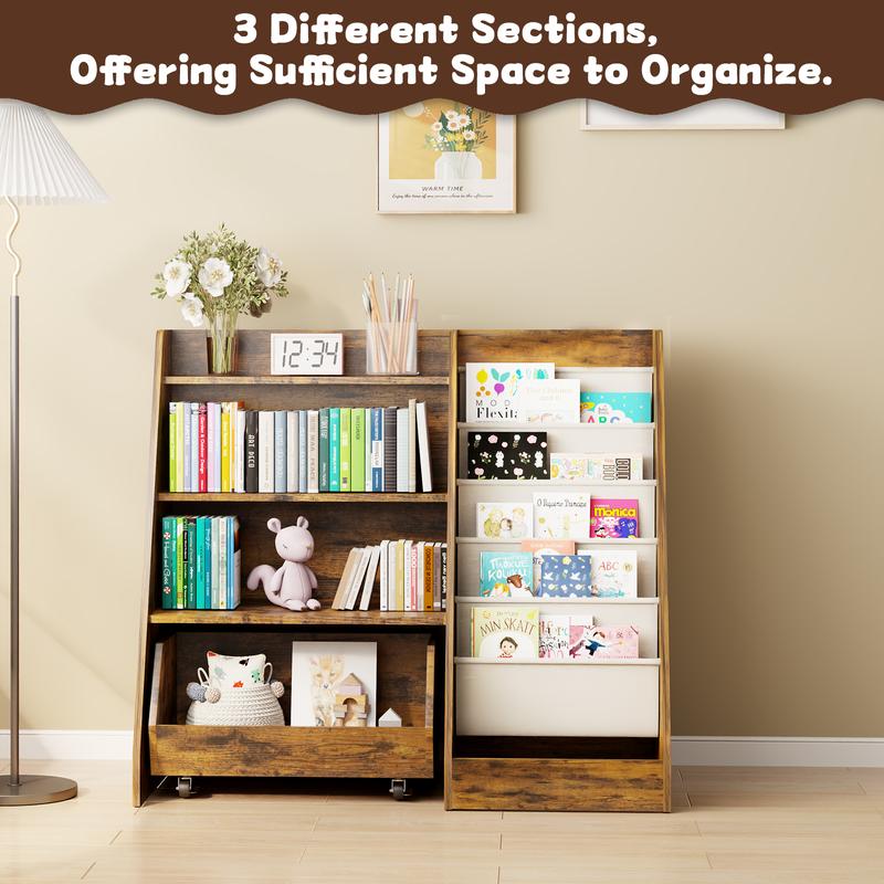 【LIVE】4-Tier Rolling Toy Storage Cabinet for Kids - 5 Layer Sling Toddler Furniture, Baby Furniture Book Rack, Organizing Nursery, Wooden Home Storage with Wheels