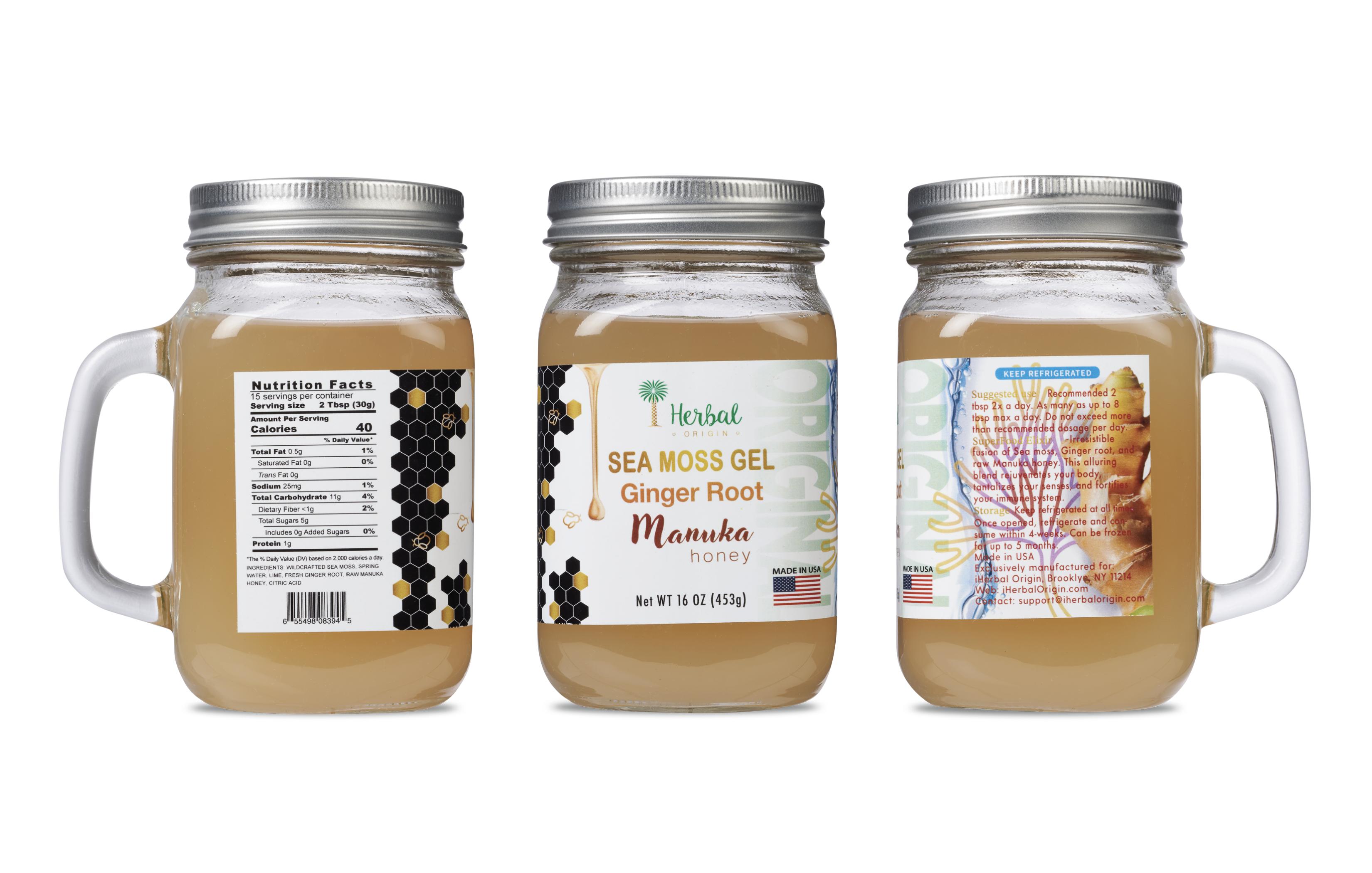 Sea Moss gel with Manuka honey and Ginger root, raw Manuka honey from New Zealand | Net WT. 16 OZ (453g) In a glass jar with a sturdy handle