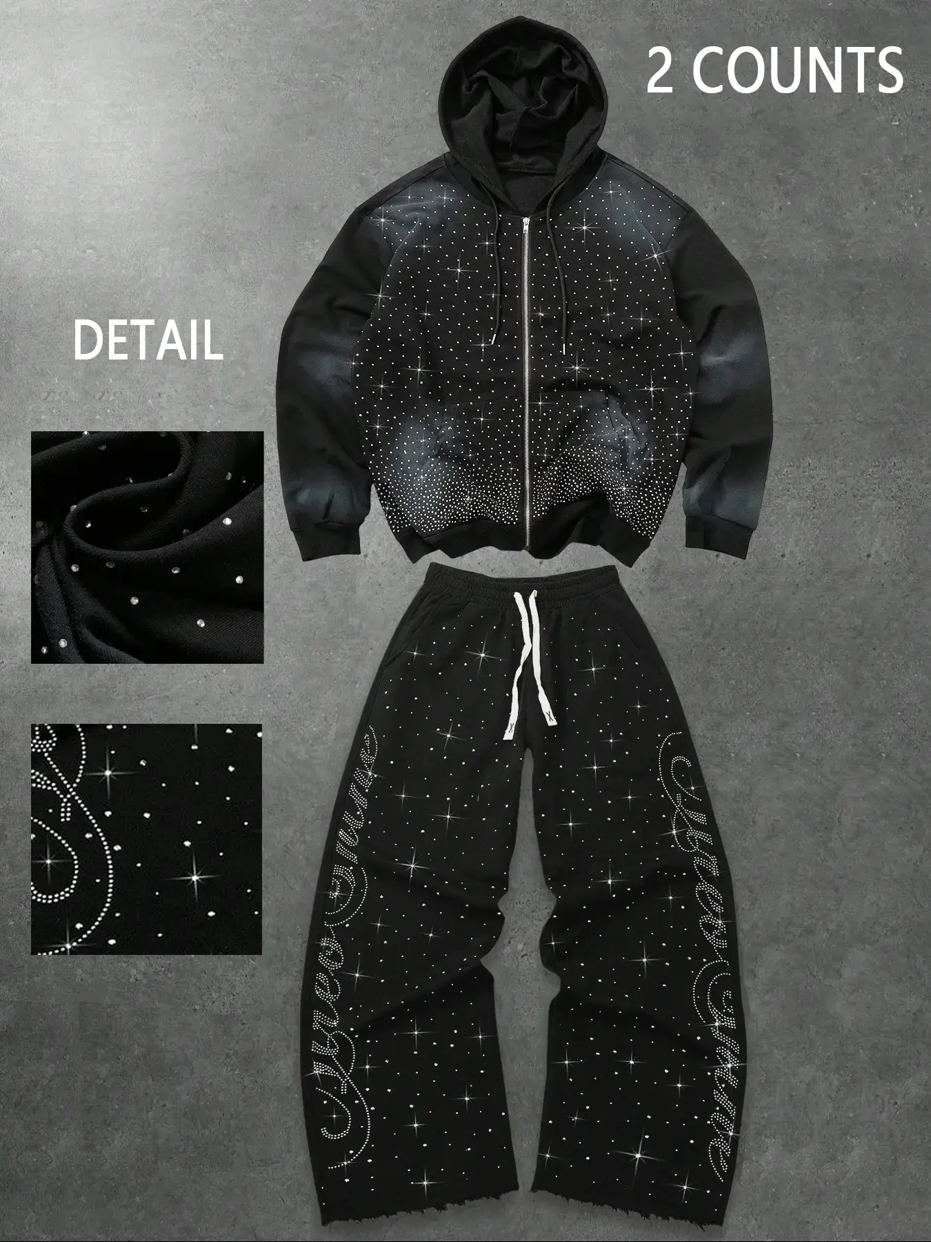 Sparkling Diamond Embroidery Set, Matching Sweat Set, Spring & Fall Zip Hoodie and Sweatpants Fit Combo, Comfortable Casual Fashion for Workdays or Weekends