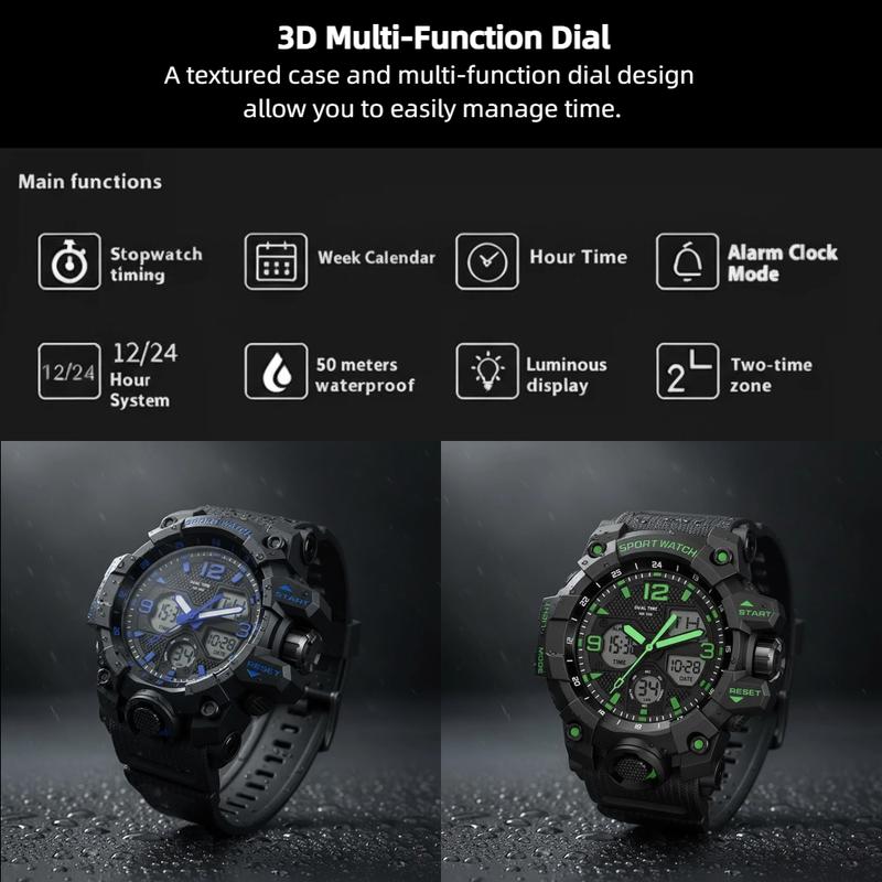Men's Digital Sport Watch Water-Resistant Wristwatch with Dual Display for Outdoor Fitness Activities & Active Lifestyles,Christmas gift