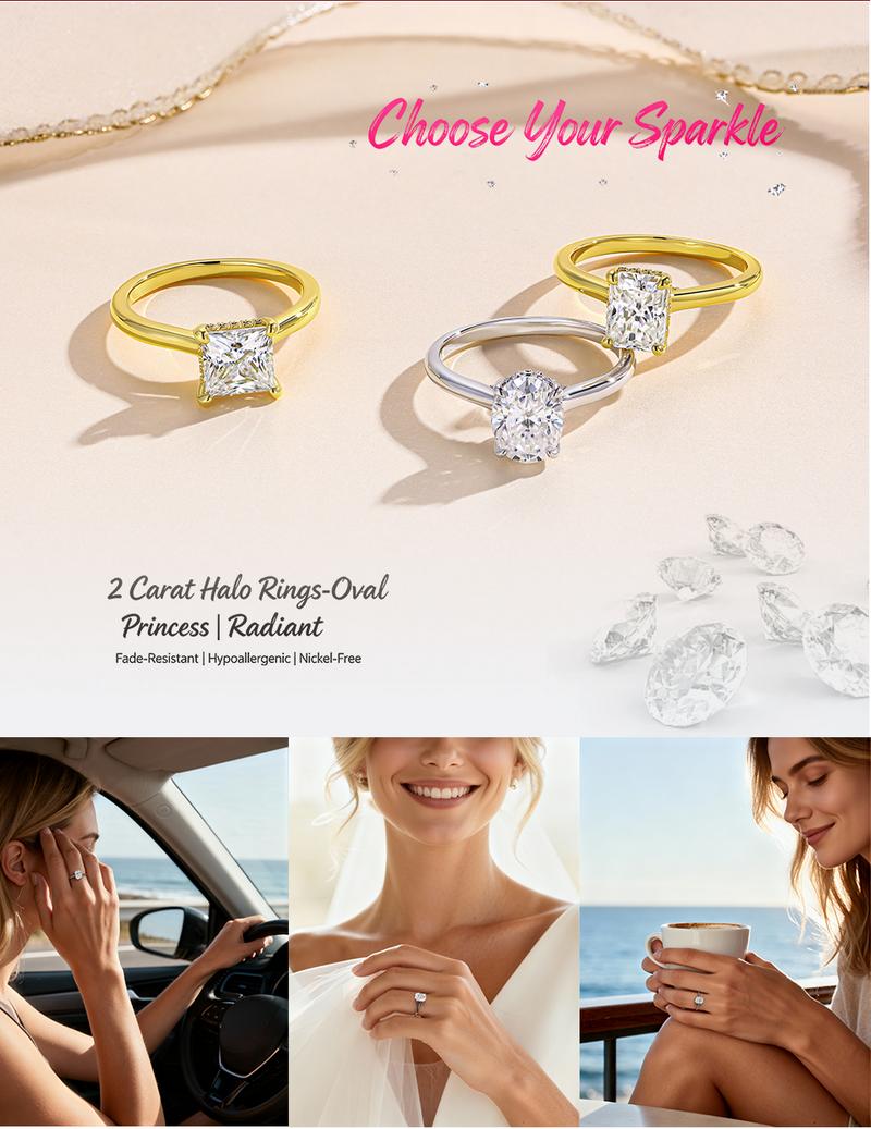 CICI GEMS 2CT Radiant Cut Moissanite Halo Ring for Women D VVS1 Stackable 18K Gold Plated Lab-Created Hypoallergenic Wedding Engagement Anniversary Gift Fine Jewelry