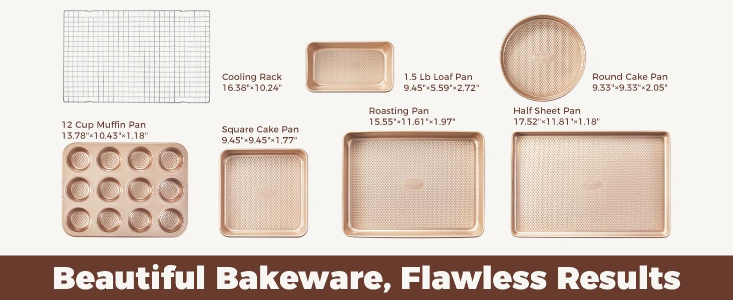 [BF&CM]HONGBAKE 7-Piece Diamond-Texture Bakeware Sets,Non-Stick Baking Sheet Pan Set,Cookie Sheets ,Roasting Pan,Cookware,Gold,Baker Kitchenware Steel