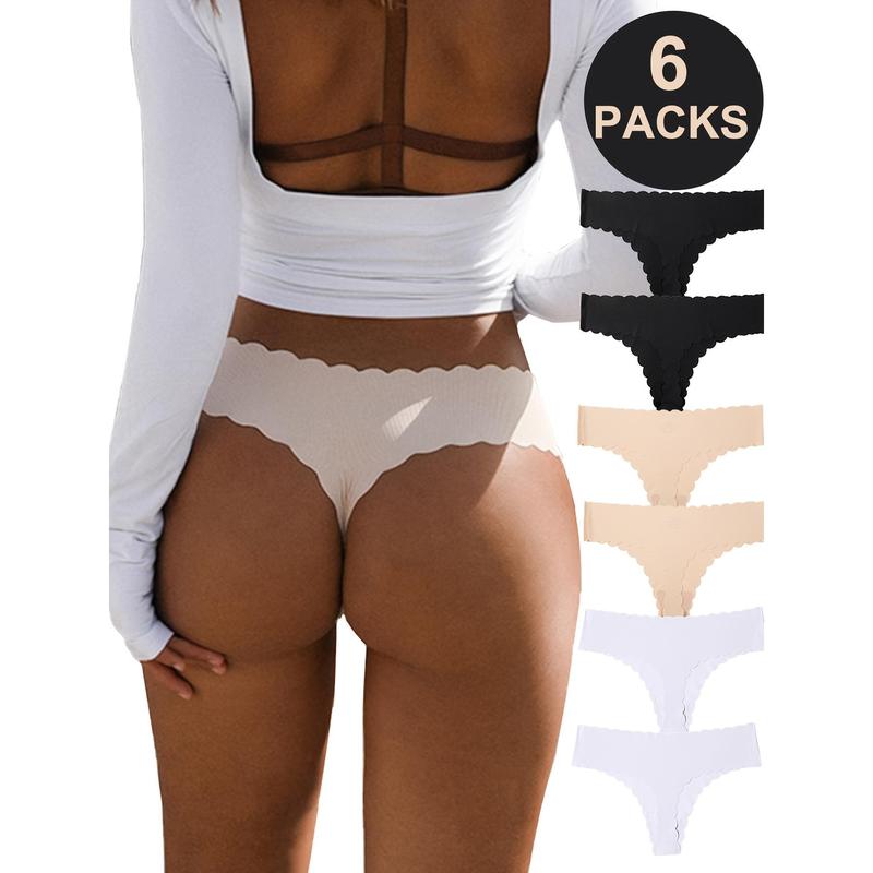 6-Pack Women's Seamless High-Waist Thongs - Wave Edge Design, No Underwear Lines, Soft Stretch Fabric, Low Waist Comfort, 6 Colors (Black/Beige/White/Light Gray/Dark Gray/Blend), Cute Underwear