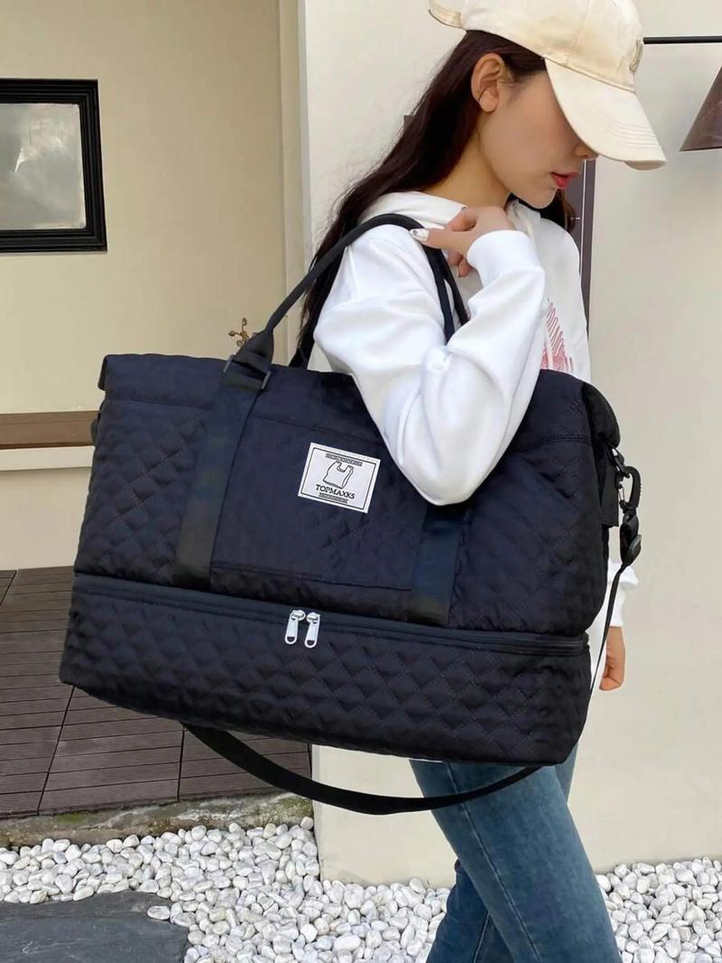 Letter Patched Design Large Capacity Durable Travel Bag, Lightweight Portable Folding Duffel Bag, Multi-function Dry & Wet Separation Bag for Travel, Traveling Bag