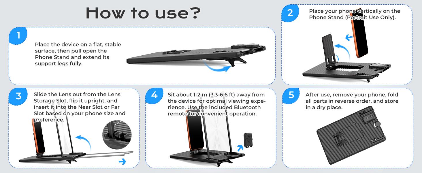 SEANCHEER WL868 5-in-1 Vertical Phone Screen Magnifier HD with Bluetooth Remote, 3D Portable Foldable Smartphone Stand for | TikTok | YouTube | FB | IG | Scrolling - Gift for Mom, Dad & Family Adjustable Cellphone