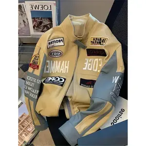 Autumn Embroidered PU Baseball Jacket for Men and Women High Street Retro Handsome Racing Suit Leather Men's Jacket Top Long Sleeve Casual Menswear Coats Collar Fit Womenswear Comfort Fabric Outerwear Winter