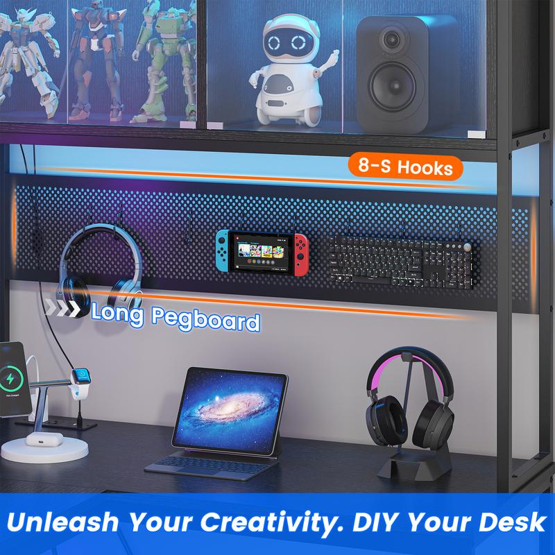 Kepptory L Shaped Gaming Desk, Home Office Computer Desk with Raised Display Stand, 2 Drawers and Glass Cabinets with LED Lights, Corner Desk with Storage Shelves, Power Outlet, Black