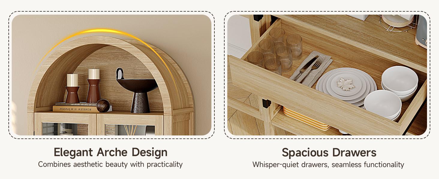 【SPOTLIGHT DAY】ONBRILL 71" High Arched Kitchen Sideboard, 5-Tier Arched Cabinetry Wooden Sideboard with Glass Doors and Drawers, Modern Display Sideboard with Adjustable Legs