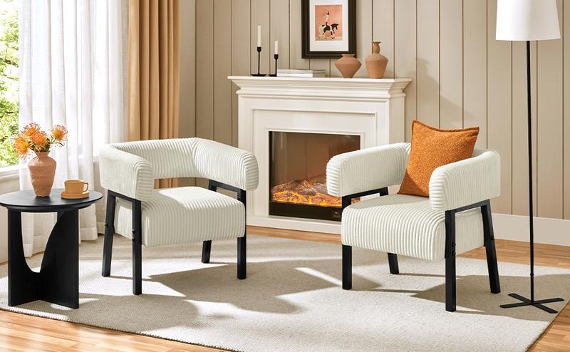 Yaheetech Corduroy Barrel Accent Chair, Modern Upholstered Armchair with Solid Wood Legs, Cozy Leisure Chair with Pocket Coiled Seat for Living Room, Bedroom, Reading