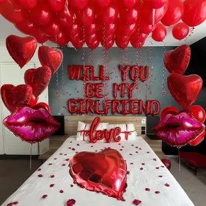 J.C 16 Inches Red 'WILL YOU BE MY GIRLFRIEND' Confession Letter Balloons with red balloons,Heart-Shape, lips, love Foil Balloons and Rose Petals for Romantic Special Night Decorations and Valentines Day