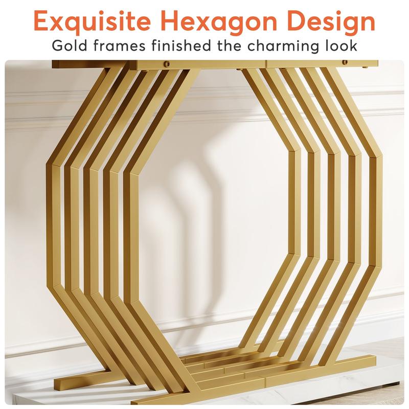 Spaco Gold Console Table, Faux Marble Entryway Table Narrow Sofa Table with Geometric Metal Base, 40 Inch Modern Accent Table Entrance Table for Living Room, Hallway, Foyer