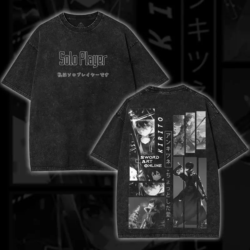 Sword Art Online Kirito x Asuna Loving Japanese Retro Vintage Unisex Oversized Anime Graphic Tee –  Y2K Acid Double Printed Cotton , Streetwear Casual Apparel Top, Outfits for Men trendy  unhinged shirt fight spirit print menswear gym