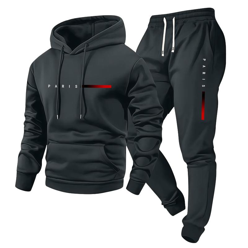 Men's Spring/Fall Paris Letter Print Hooded Sweater & Elastic Waist Drawstring Trousers Set Stylish Casual Two-Piece Gift for Husband or Boyfriend Men's Spring/Fall Paris Letter Print Hooded Sweater & Elastic Waist Drawstring Trousers Set Stylish Casual Two-Piece Gift for Husband or Boyfriend