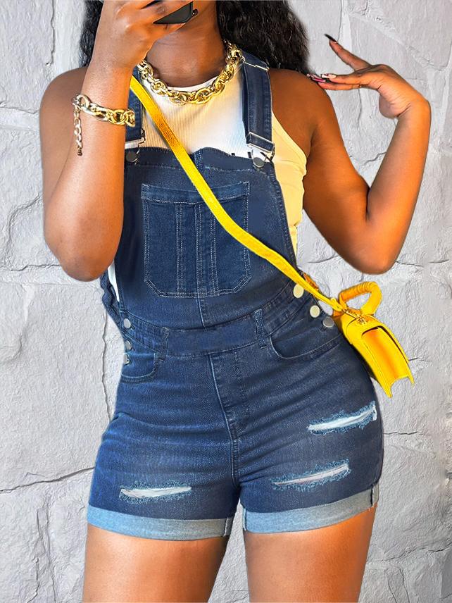 Chic Women's Ripped Denim Bib Shorts - Dark Wash & Adjustable Straps