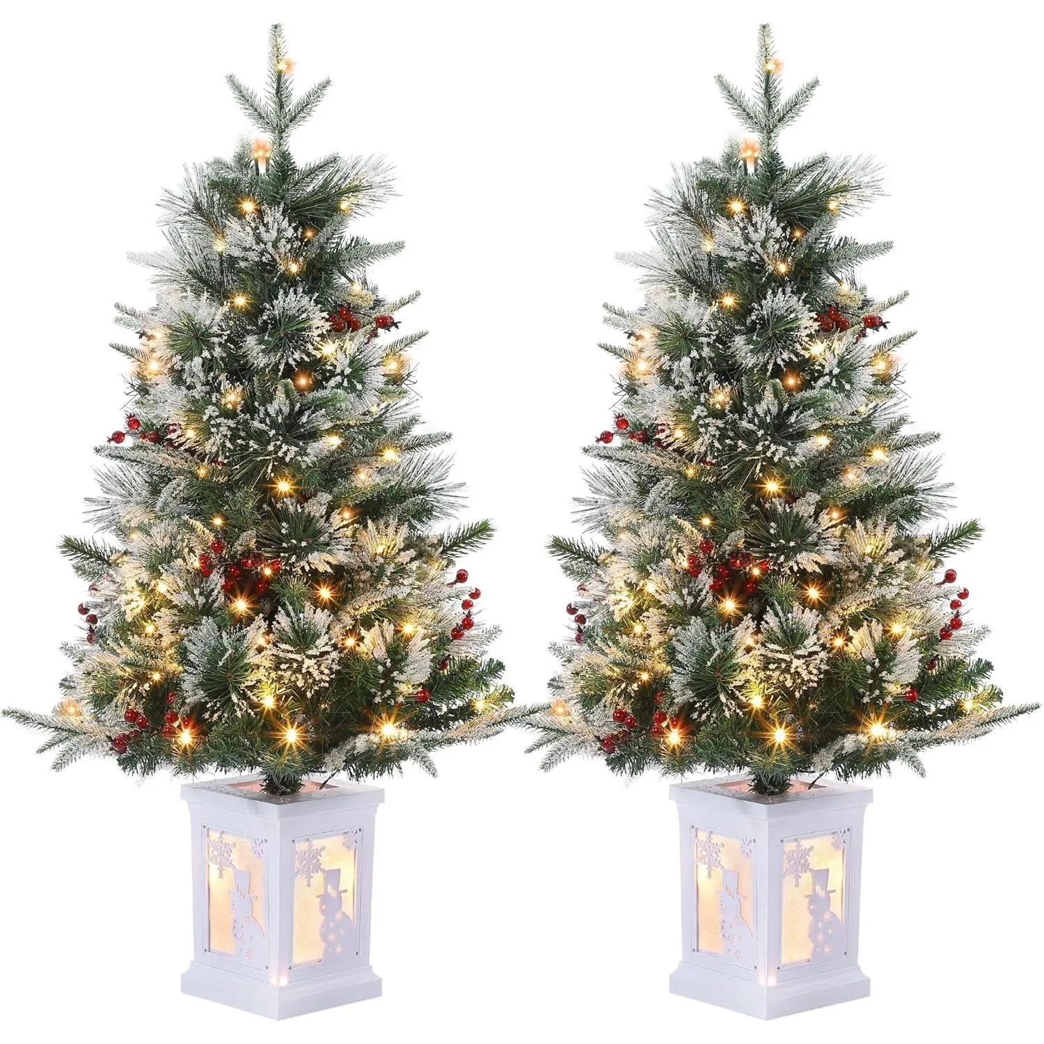 3 Ft Christmas Tree with Snowman Base, Artificial Holiday Christmas Tree with 78 Led Lights, Red Berry Decorations, Holiday Ready, Easy Installation, 2-Piece Set