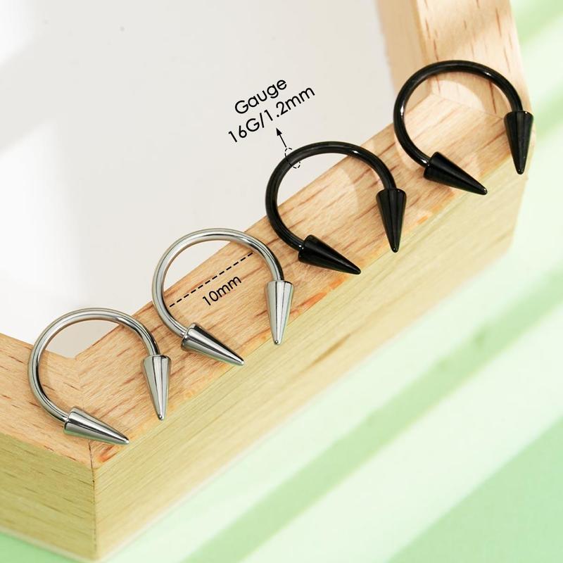 Oufer 16G 4PCS Long Spike Septum Piercing Ring Helix Horseshoe Ring Balck Silver Inner Diameter 8mm 10mm 12mm