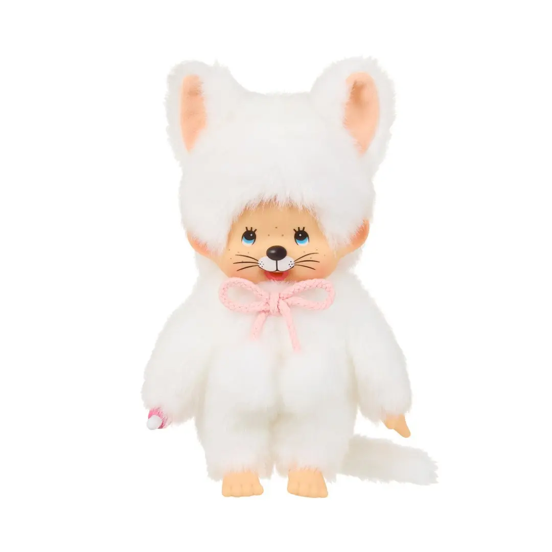 Monchhichi Girl White Cat Stuffed Toy - Collectible Soft Animal, Cuddly Doll Gift, Cute Collectible Stuffedanimals for Kids