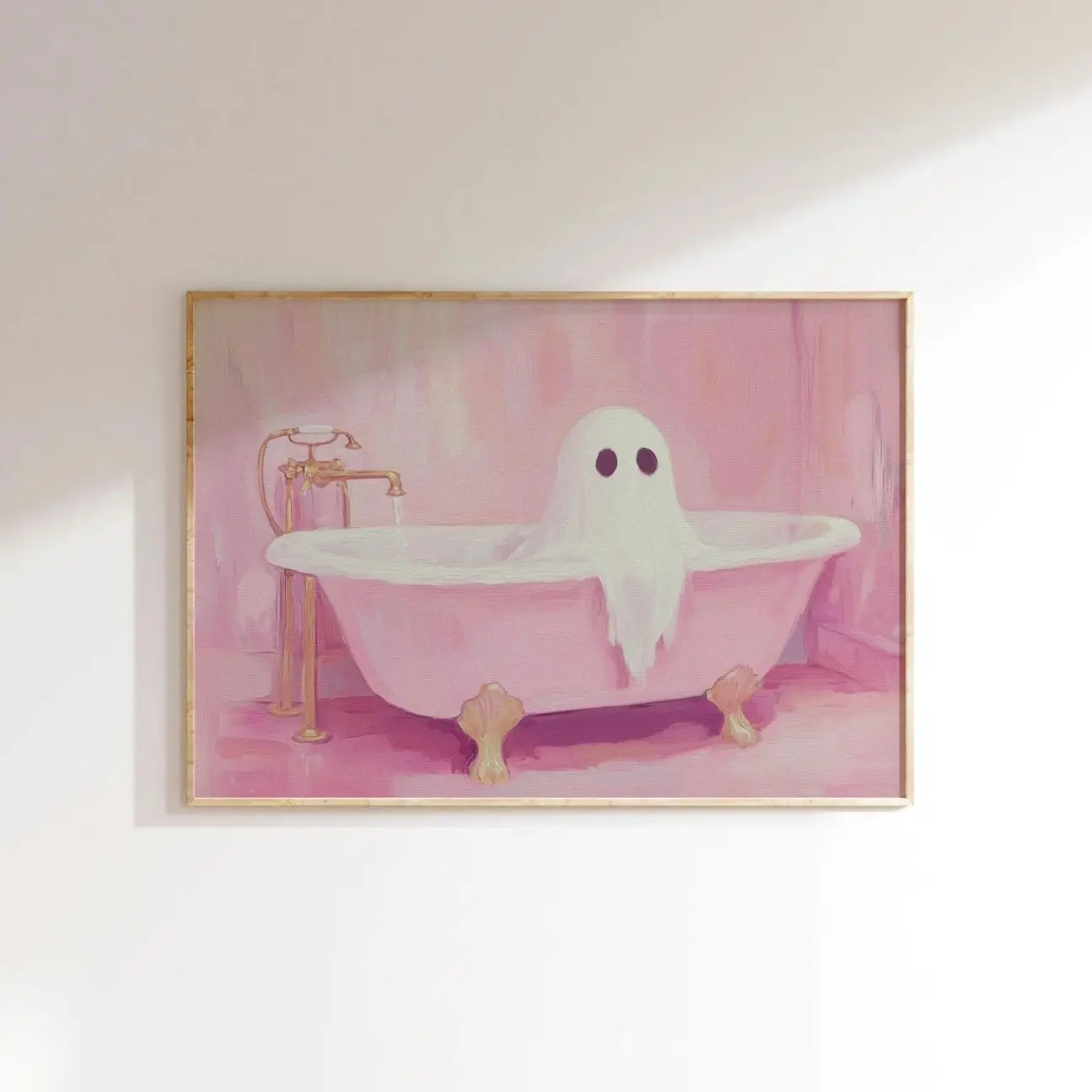 Ghost in Bath Art Print, Pink Bathroom Wall Decor, Cute Spooky Halloween Poster X