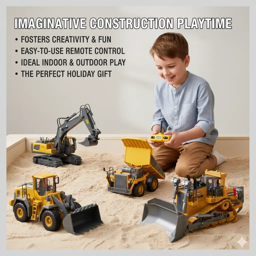 SUPERMELER 2.4G 11-Channel Alloy-Plastic RC Construction Vehicle Multi-Vehicles Toys Set - 2/3/4pcs, Easy Operation, Highly Detailed, Cells-Powered, Ideal Indoor/Outdoor Play (Excavator, Dump Truck, Bulldozer), Engineering Toys
