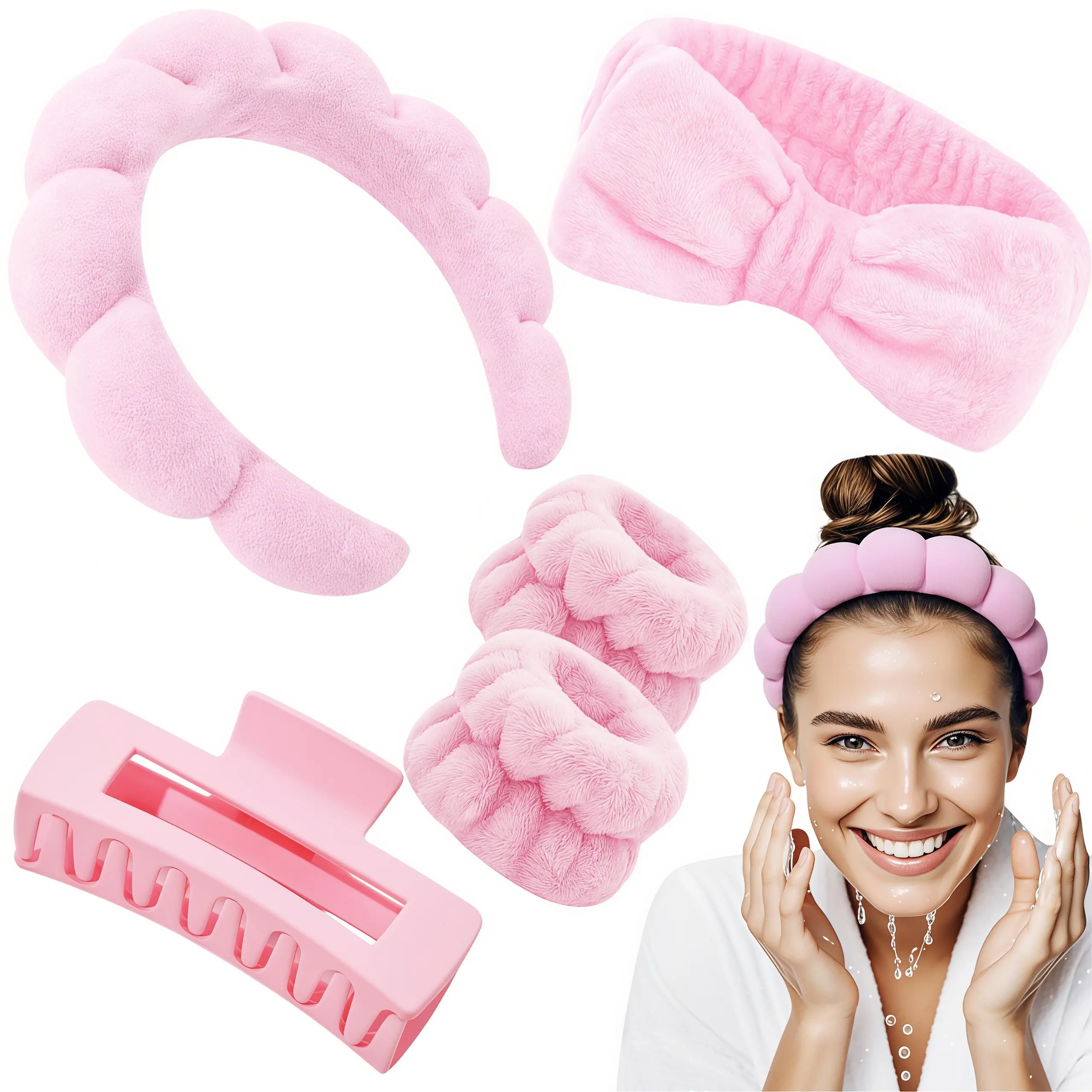 LMMAKE 1SET Soft Puffy Terry Cloth Spa Headband & Wristband Kit Skincare Accessories for Women Perfect for Face Washing Makeup Application