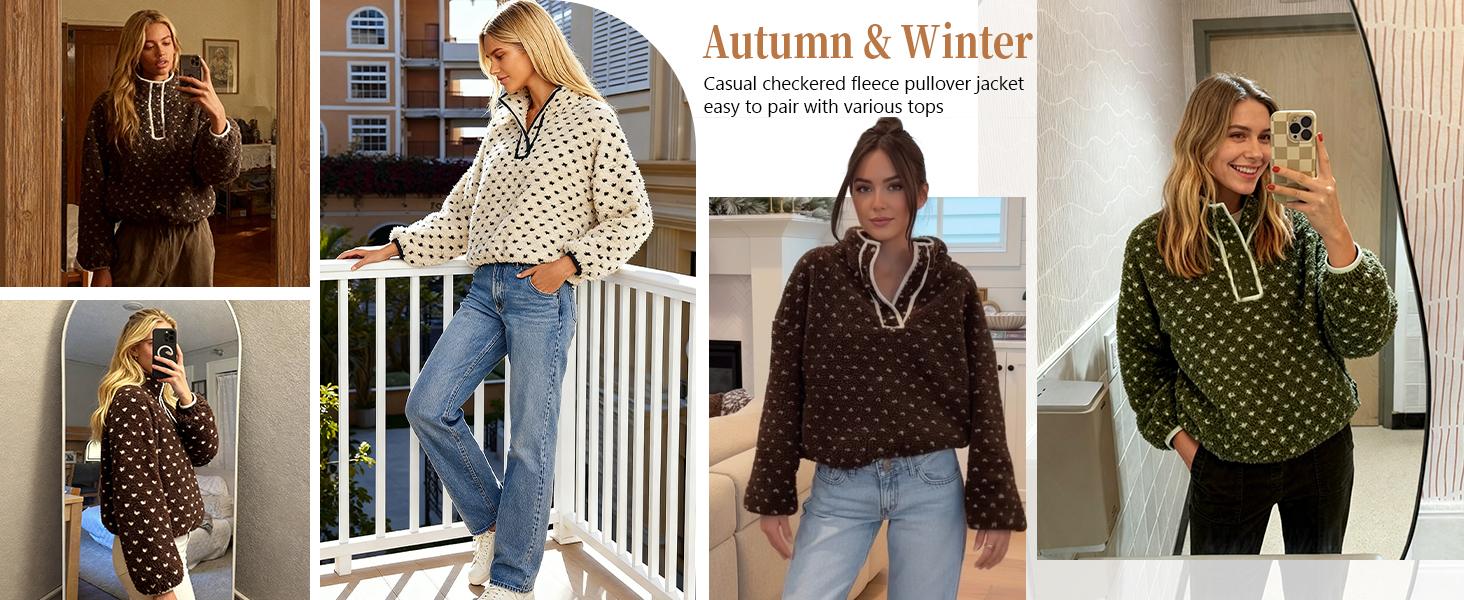 Hixiaohe Fleece Sweatshirt for Women Winter Long Sleeve High Neck Fuzzy Sherpa Pullover Jacket Warm Outerwear with Pockets