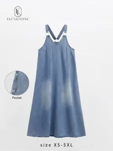 Elengatine Women’s Sleeveless Denim Maxi Dress with Adjustable Cross Back Straps, A-Line Design, Lightweight Summer Casual Dress for Vacation or Everyday Wear, Medium Blue Wash, Versatile and Stylish Dress, Available in Multiple Sizes,summervibes