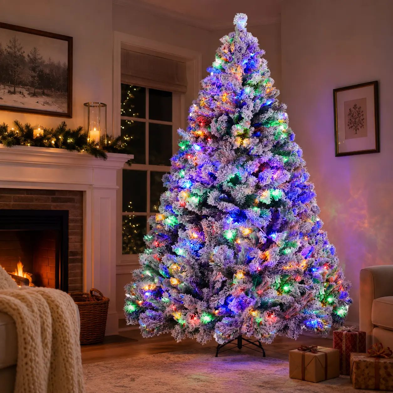 【Multicolored LED Lights】Costoffs 6/7.5/9FT Pre-lit Flocked Christmas Tree with Foldable Stand, Artificial Holiday Fir with Multicolored LED Light