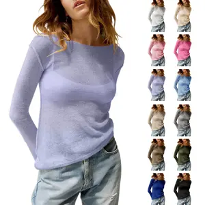 LAICIGO Womens Trendy Summer Fall See Through Shirt Boat Neck Long Sleeve Knit Casual Blouse Tops