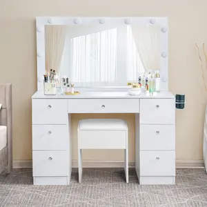 Vanity Table with LED Mirror, 7-Drawer Makeup Dressing Table, Crystal Knobs, Charging Station, USB Ports, Stool, Modern White Furniture for Bedroom