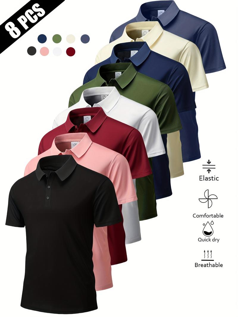8-Pack summer lapel-neck men's short-sleeved shirts, ice silk seamless polo shirts, casual sportswear men's tops, ideal for business, work, dating and home wear, a must for travel casual style, business casual, travel clothing, fashion tops, modern fashio