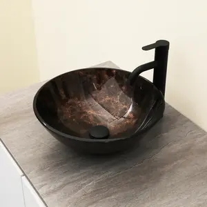 Kichae 16 Inch Glass Bathroom Vessel Sink Vanity Round Countertop with Black Faucet and Chrome Pop-Up Drain Set, Glass Art Basin, Deep Bronze