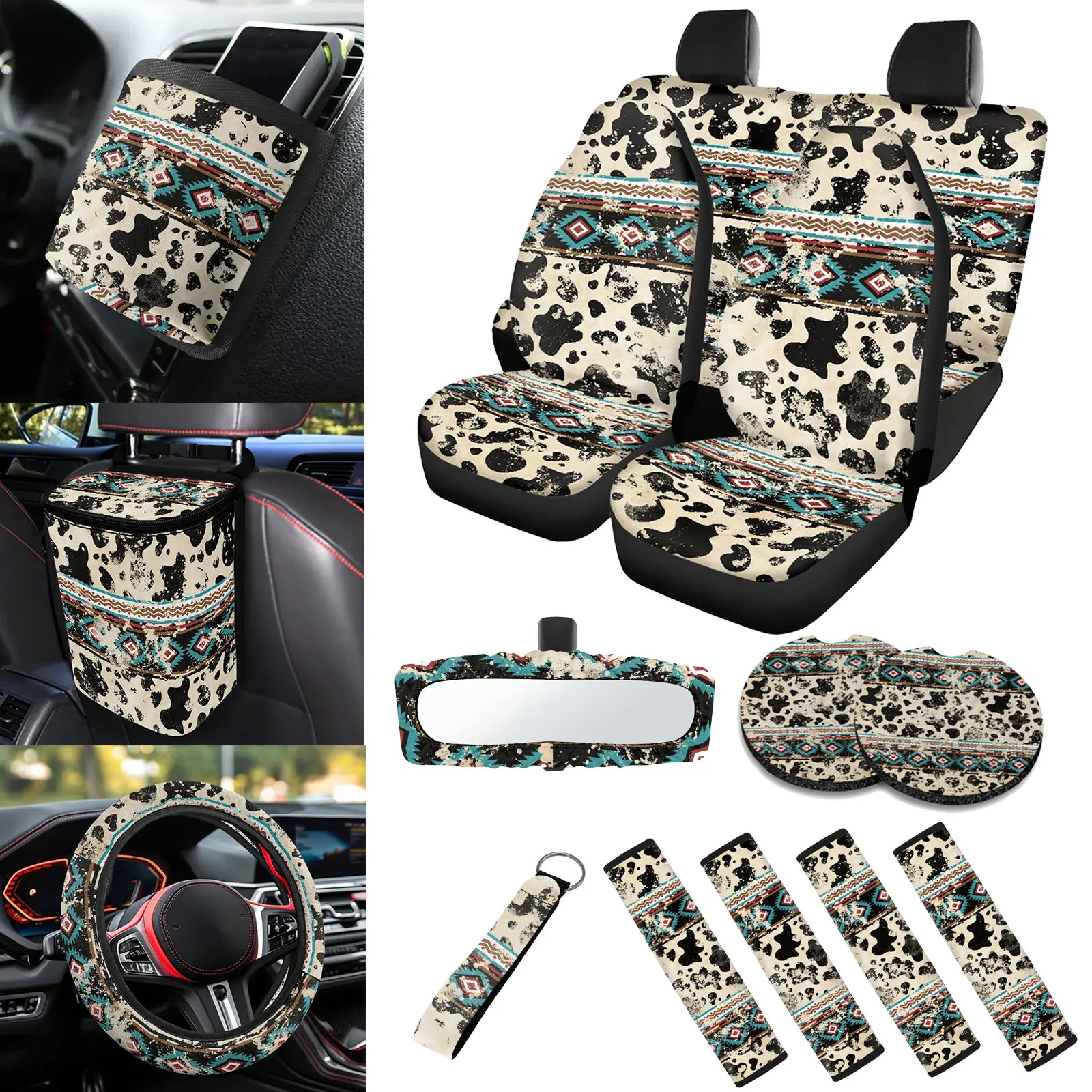 14-Piece Polyester Western Aztec Cow Print Car Seat Covers Full Set - Decorative Car Interior Kit with Steering Wheel Cover, Garbage Bag, Safety Pads, Coasters, Bag-Grab Keychain, Non-Slip, Durable, Elastic Accessories, Perfect Gift for Owners