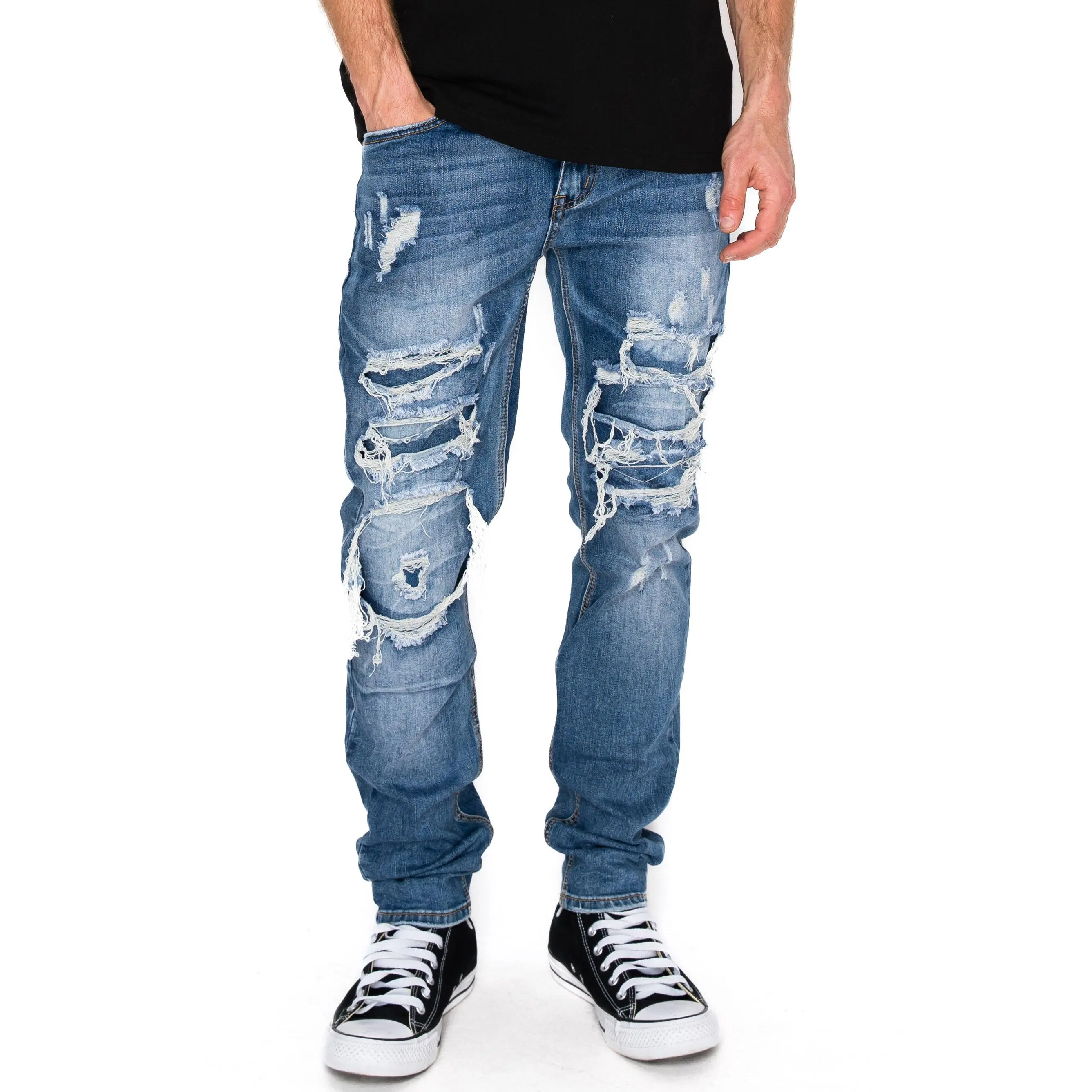 VICTORIOUS Men's Rip & Repair Skinny Jeans - Distressed Streetwear Style with Comfort Stretch Cotton Fabric, Spandex, Mensfashion, Bold Rip Look, Classic