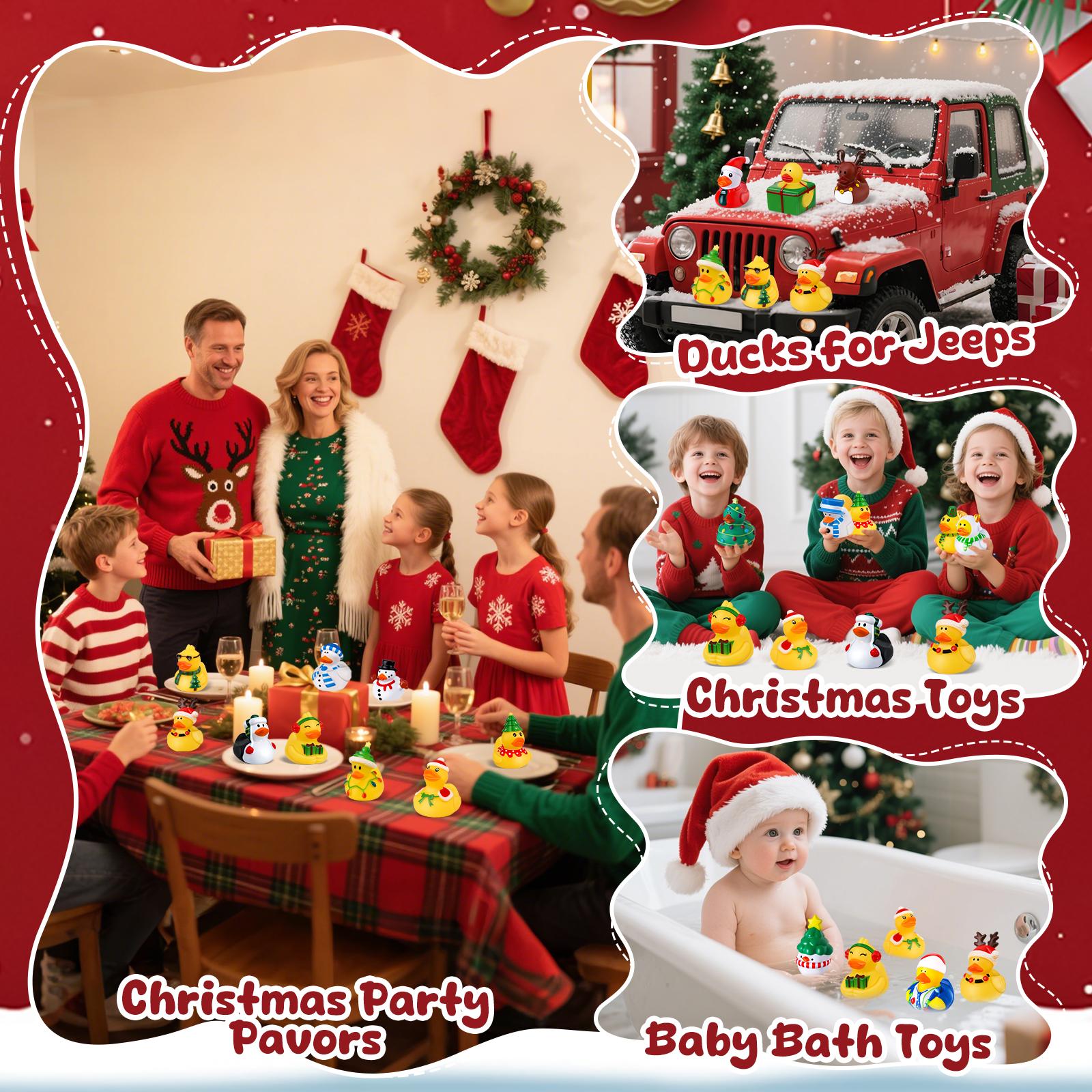 24 Pcs Christmas Rubber Ducks with Bag， 3.5 Inch Ducks for Ducking, Bath Toy Christmas Party Favors Gifts，Kids Goodie Bag Fillers Jeep Ducks for Girls Boys