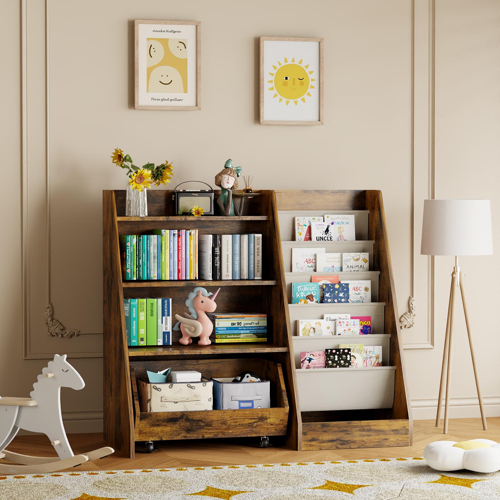 COZPAW Kids Bookshelf and Toy Storage, 4 Tier Toddler Bookshelf with Movable Drawer 5 Sling Pockets, Montessori Book Shelf for Kids Room, Playroom, Nursery (Oak)