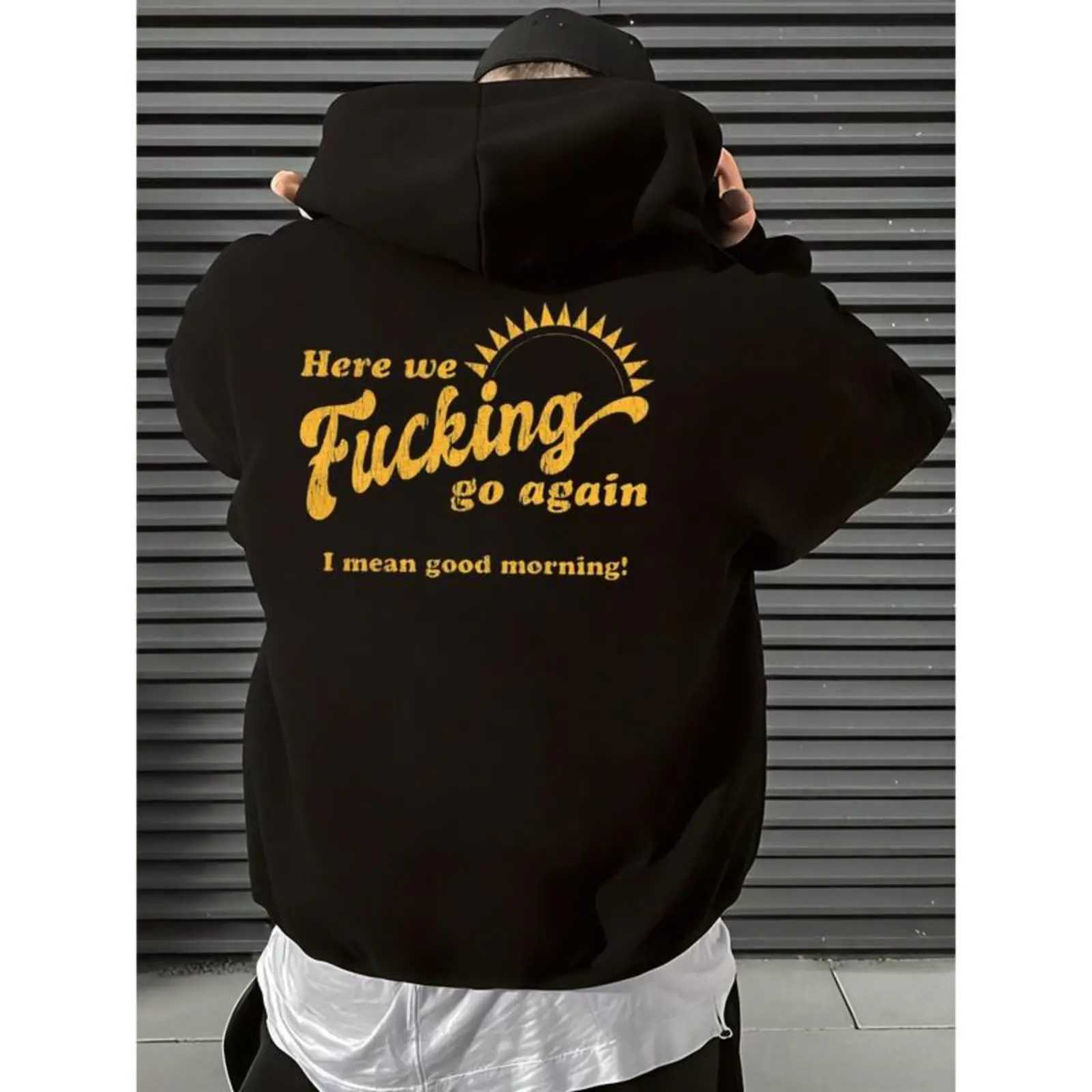 Men's Funny Sarcastic Here We F*cking Go Again I Mean Good Morning Hoodie Long Sleeve Hooded Office Humor Graphic Print Casual Streetwear Menswear Sweatshirts Fabric Classic