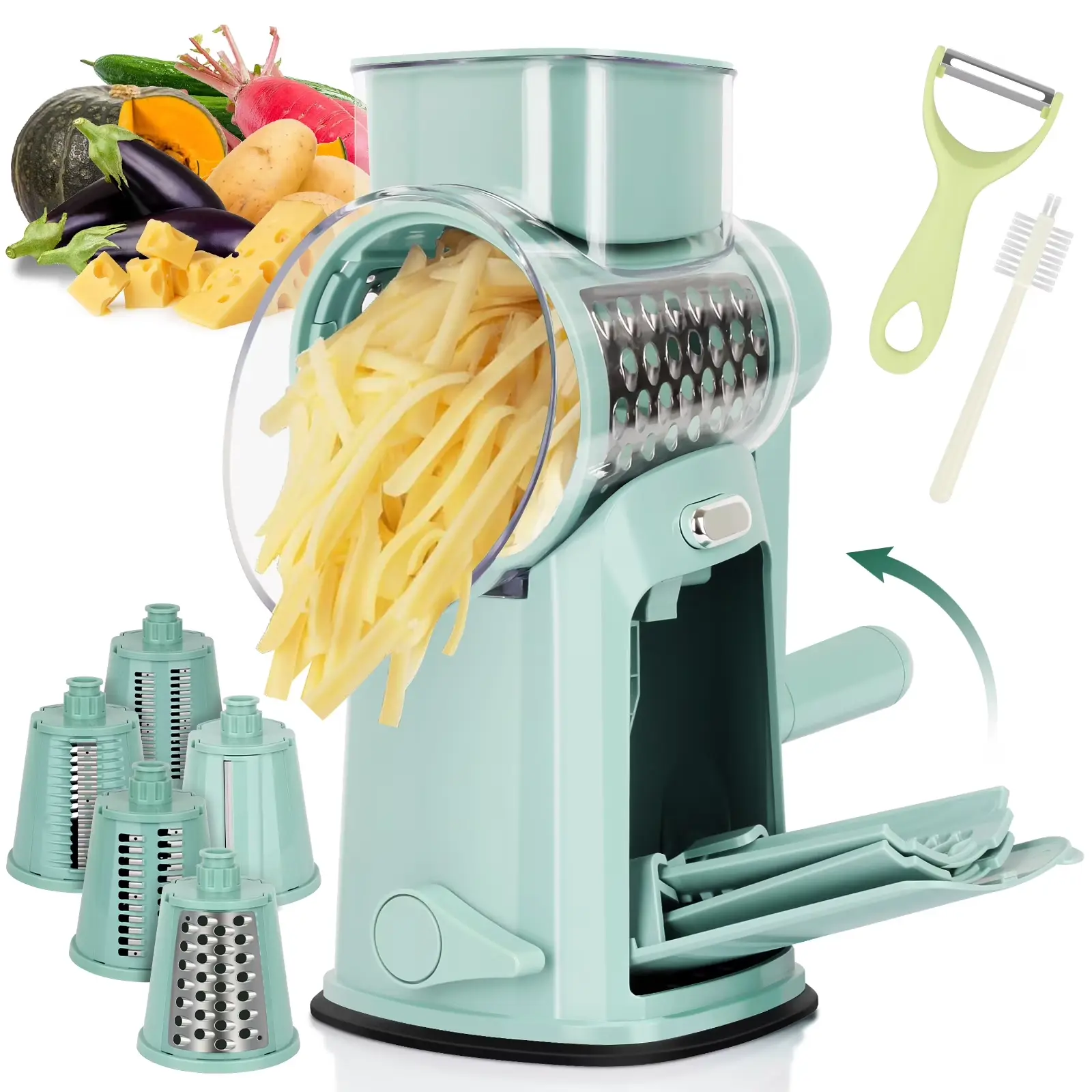 TOIAMOI Hand Rotary Cheese Grater with 10 Blades, Peerler & Cleaning Brush with Blade Storage, Easy to Clean Detachable Mandoline Slicer for Vegetable, Fruit, Strong Suction Base for Kitchen