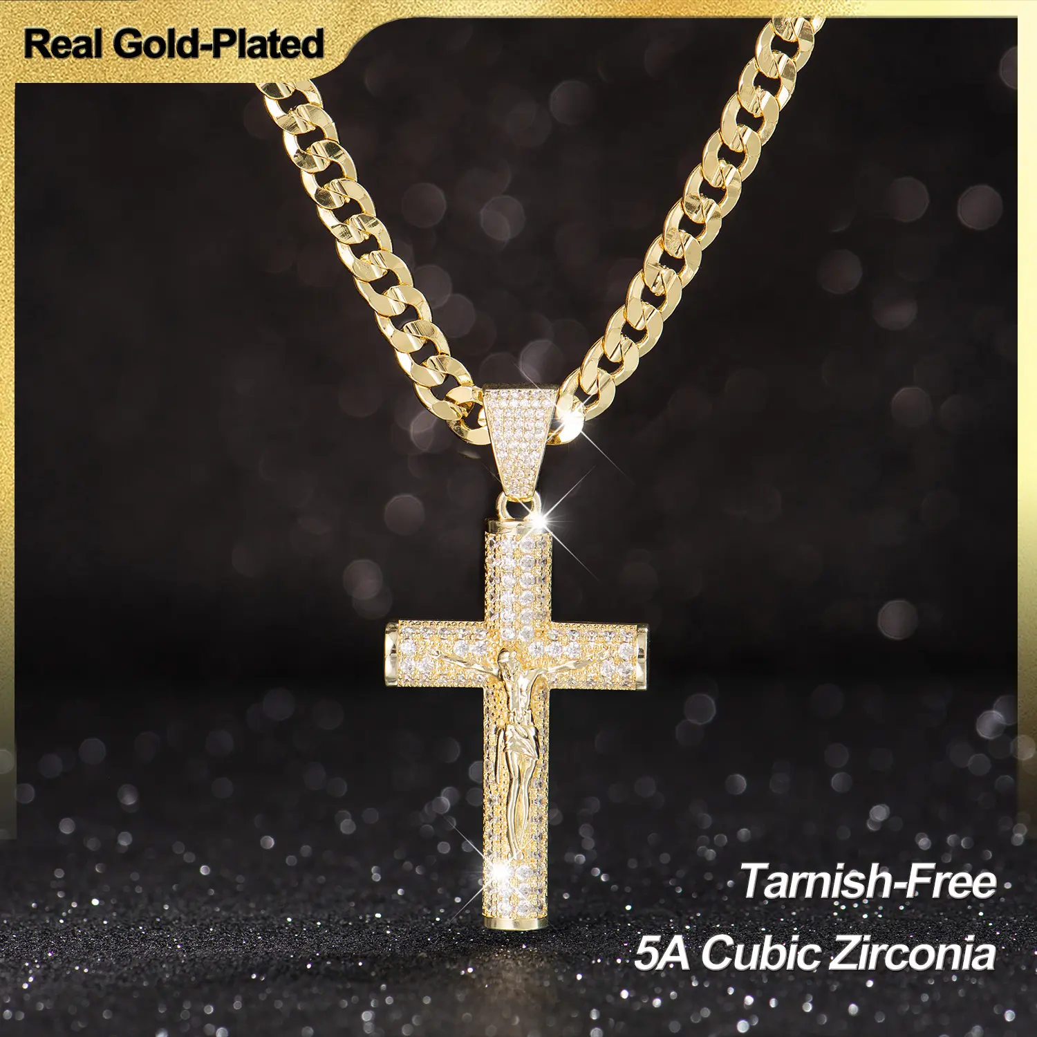 Holylegend 14K Real Gold-Plated Christian Cross Necklace for Men - Advanced Nanotech Tarnish-Free Cuban Link, Figaro, Rope Miami Chains with Jesus Crucifix Pendant, 24in Daily Wear Jewelry Accessory Gift,Father's Day Gift