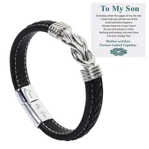 To My Son Bracelet, Forever Linked Together Braided Magnetic Leather Bracelet, Men's Stainless Steel Bracelet Knot Cuff Wristband, Son Grandson Back to School Gifts from Mom