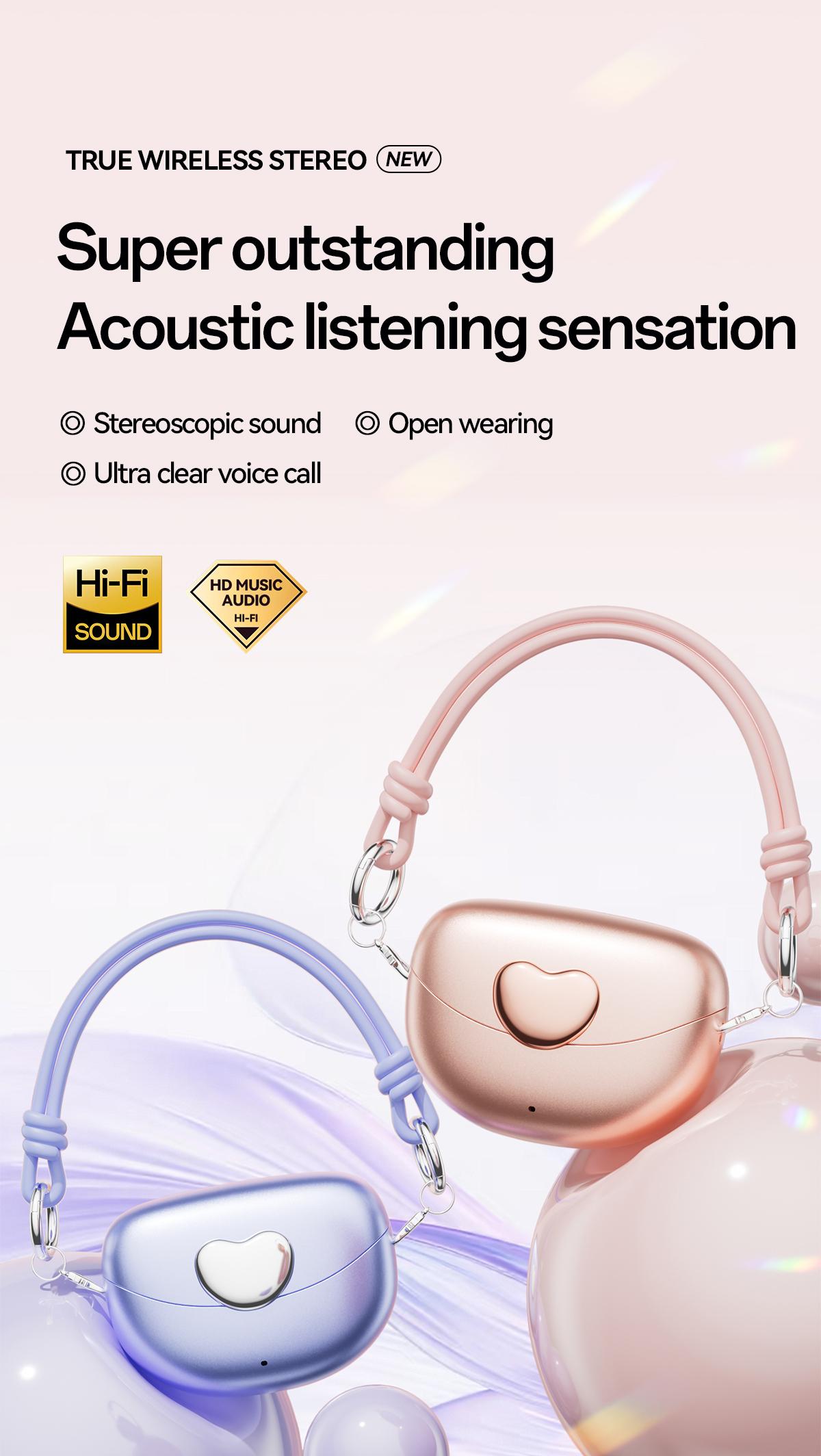 CHENRUIDA M106 Women's Headphones with Dynamic Stereo Earbuds ENC Call Noise Reduction IPX7 Waterproof 360° Panoramic Sound Ear Clip Earphones Comfortable Fit pink head phones